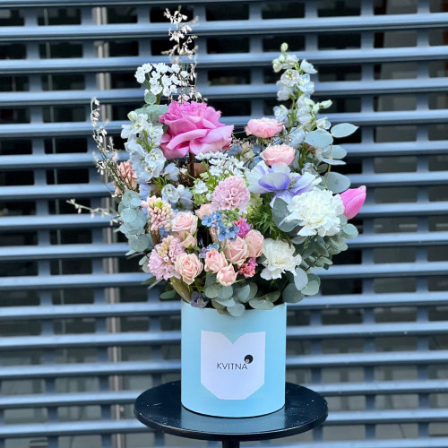 Exquisite composition with peony roses and delphinium «Pastel evening»