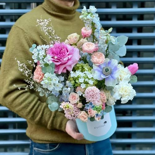 Exquisite composition with peony roses and delphinium «Pastel evening»