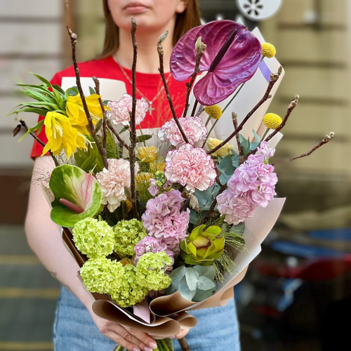 Bright bouquet with anthurium and fritillaria «Colorful Parrot»