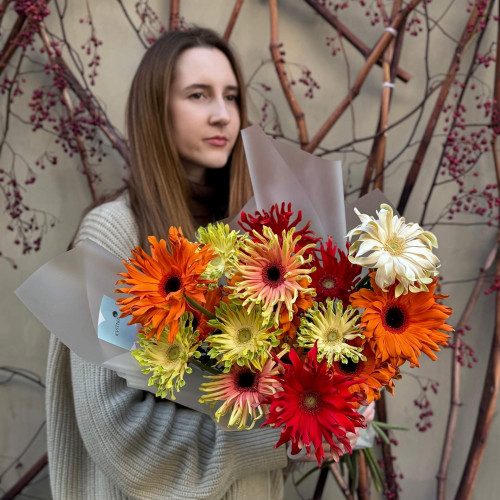 Яскравий мікс із 17 гербер колекції Pasta «Італійська паста»