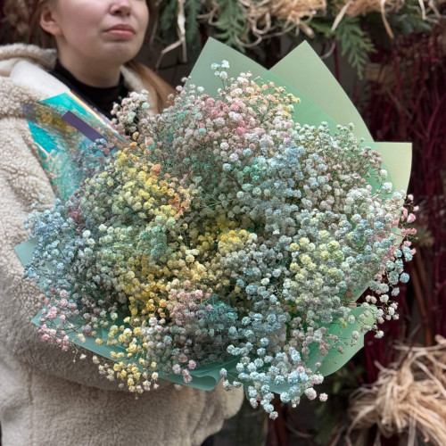 Барвистий букет з 19 гілок гіпсофіли «Кольоровий дим»