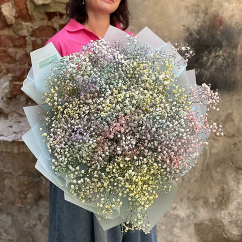 25 гілок барвистої гіпсофіли у букеті «Кольорова хмаринка»