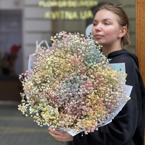 Різнобарвний букет із 17 гілок гіпсофіли «Пилок феї»