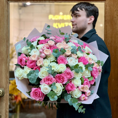 Gorgeous bouquet of delicate peony roses with eucalyptus «English luxury»
