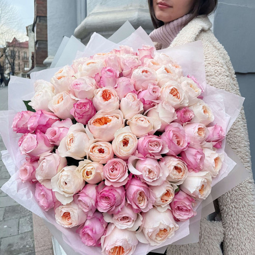 Букет из 69 пионовидных роз David Austin «Единственная, моя!»