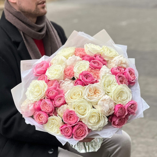 Large bouquet with peonies and peony roses «Pink Chocolate»