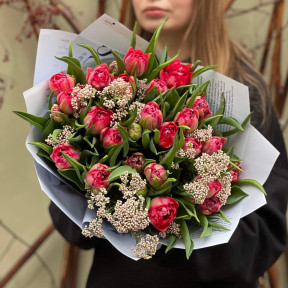 Букет із 23-х піоновидних тюльпанів Flash Point «Ягідна цукерочка»