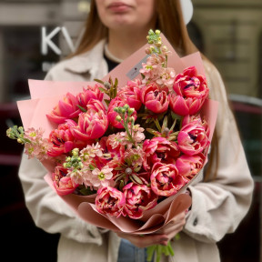 Pink bouquet of peony-shaped tulips and matthiola «Spring chord»