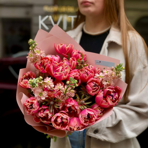 Pink bouquet of peony-shaped tulips and matthiola «Spring chord»