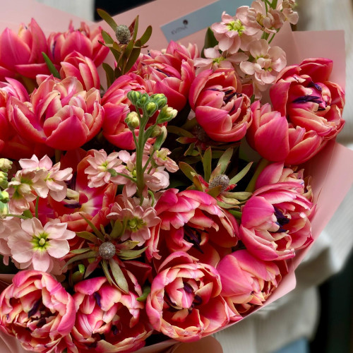 Pink bouquet of peony-shaped tulips and matthiola «Spring chord»