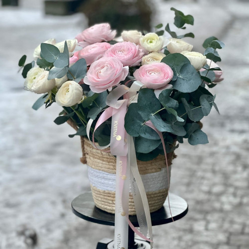 Exquisite composition of ranunculi in pastel colors «Waves of Love»