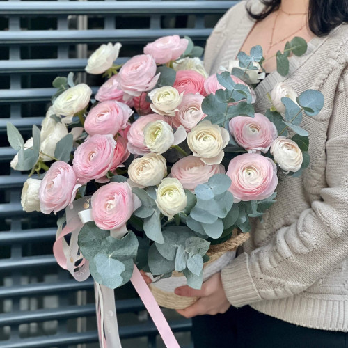 Exquisite composition of ranunculi in pastel colors «Waves of Love»