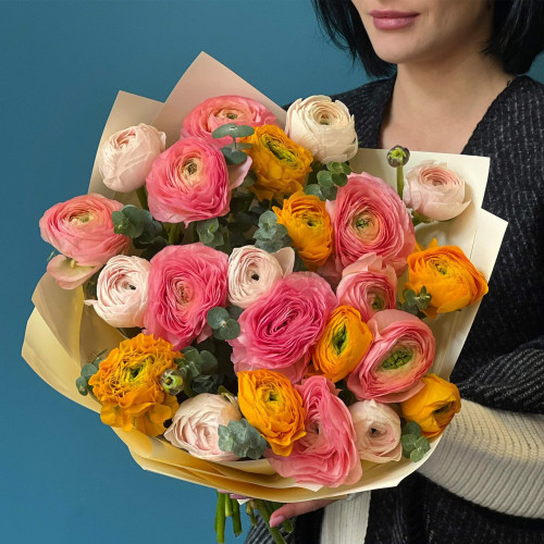 23 ранункулюси мікс у букеті «Кольорові макарунси»
