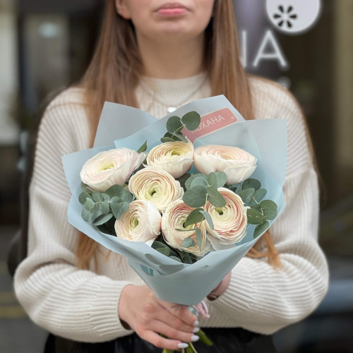 7 світлих ранункулюсів Clooney Hanoi та евкаліпт у букеті «Пудрова вишуканість»