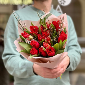 Red bouquet of tulips and genista «Vivid memory»