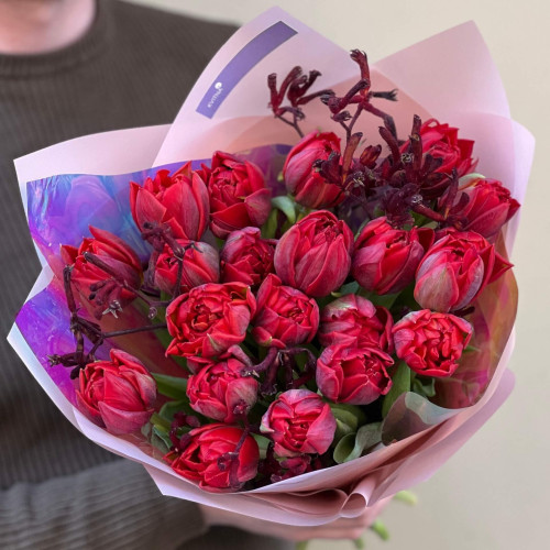 Bright bouquet of peony shaped tulips «Juicy Cherries»