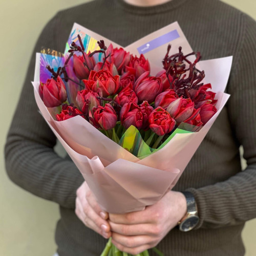 Bright bouquet of peony shaped tulips «Juicy Cherries»