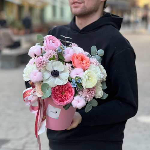 Composition in a box with hyacinths and gossypium «Pink Cloud»