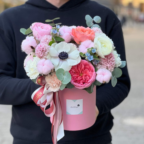 Composition in a box with hyacinths and gossypium «Pink Cloud»