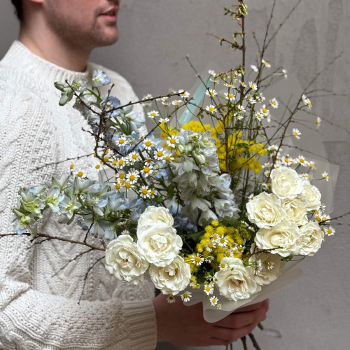 Airy bouquet with mimosa and delphinium «Fresh Breeze»
