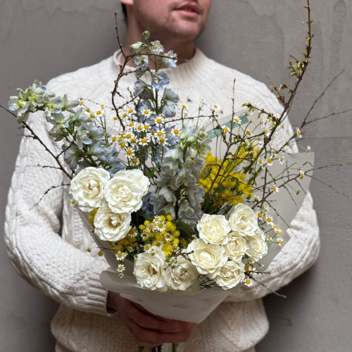 Airy bouquet with mimosa and delphinium «Fresh Breeze»