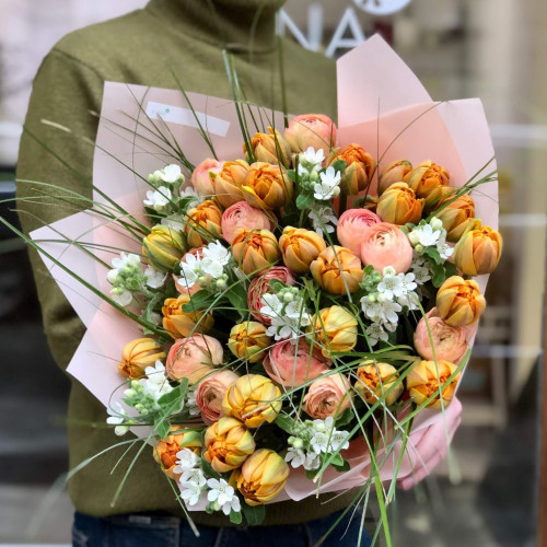 Spring bouquet of ranunculus, peony tulips and oxypetalum «Orange Sky»