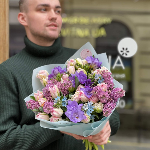 Delicate bouquet with lilac and freesias «Spring in Lviv»