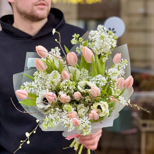 Delicate bouquet of Thijs Boots premium tulips, lilac and anemones «Spring luxury»