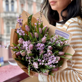 Purple bouquet of tulips and genista «Spring lilac»