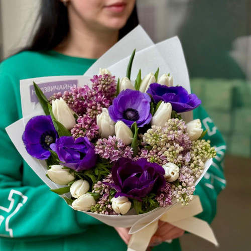 Magical bouquet in blue shades with spring flowers «Mystery of Spring»