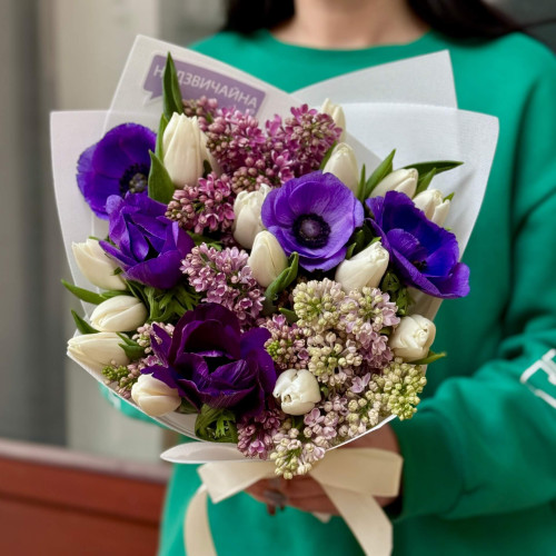 Magical bouquet in blue shades with spring flowers «Mystery of Spring»
