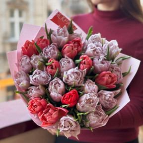 Розкішні півонієвидні тюльпани в двох кольорах у букеті «Березнева любов»