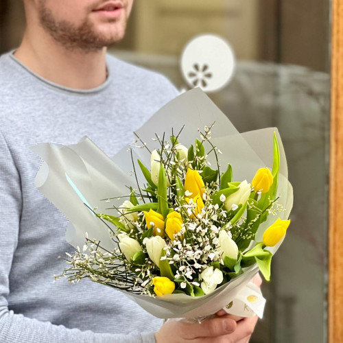 Spring bouquet of tulips and fragrant genista «Sunshine for you»