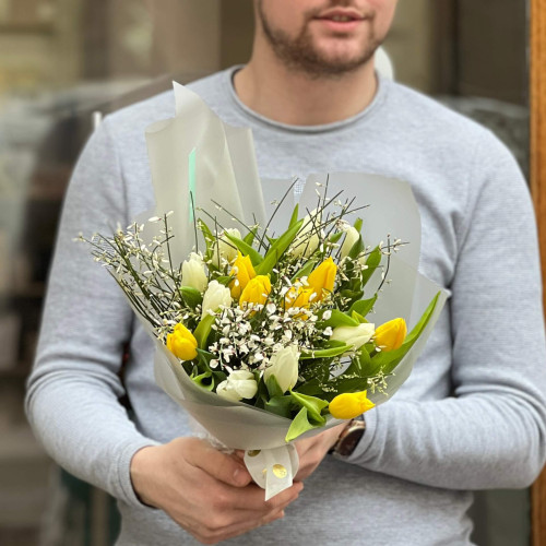 Spring bouquet of tulips and fragrant genista «Sunshine for you»