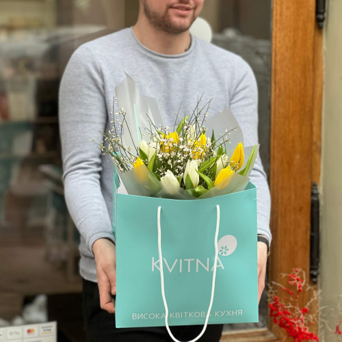 Spring bouquet of tulips and fragrant genista «Sunshine for you»