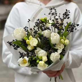 Delicate bouquet with a spring mood with tulips and freesia «Fragile Juliya»