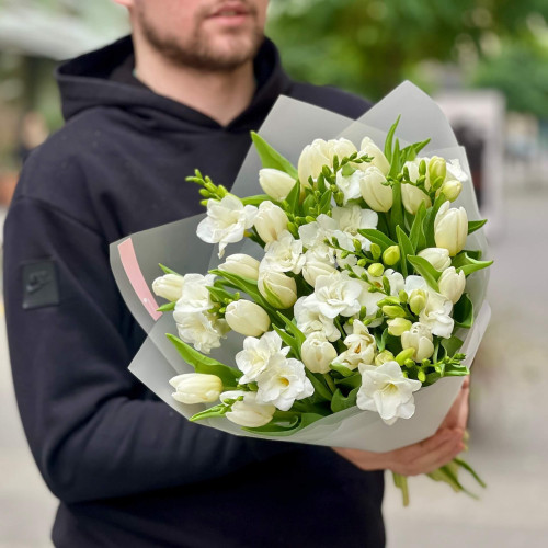 White fragrant bouquet with freesias and tulips «Scent of Spring»