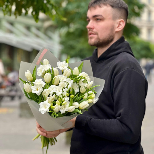 White fragrant bouquet with freesias and tulips «Scent of Spring»