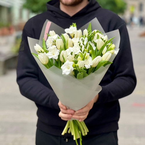 White fragrant bouquet with freesias and tulips «Scent of Spring»